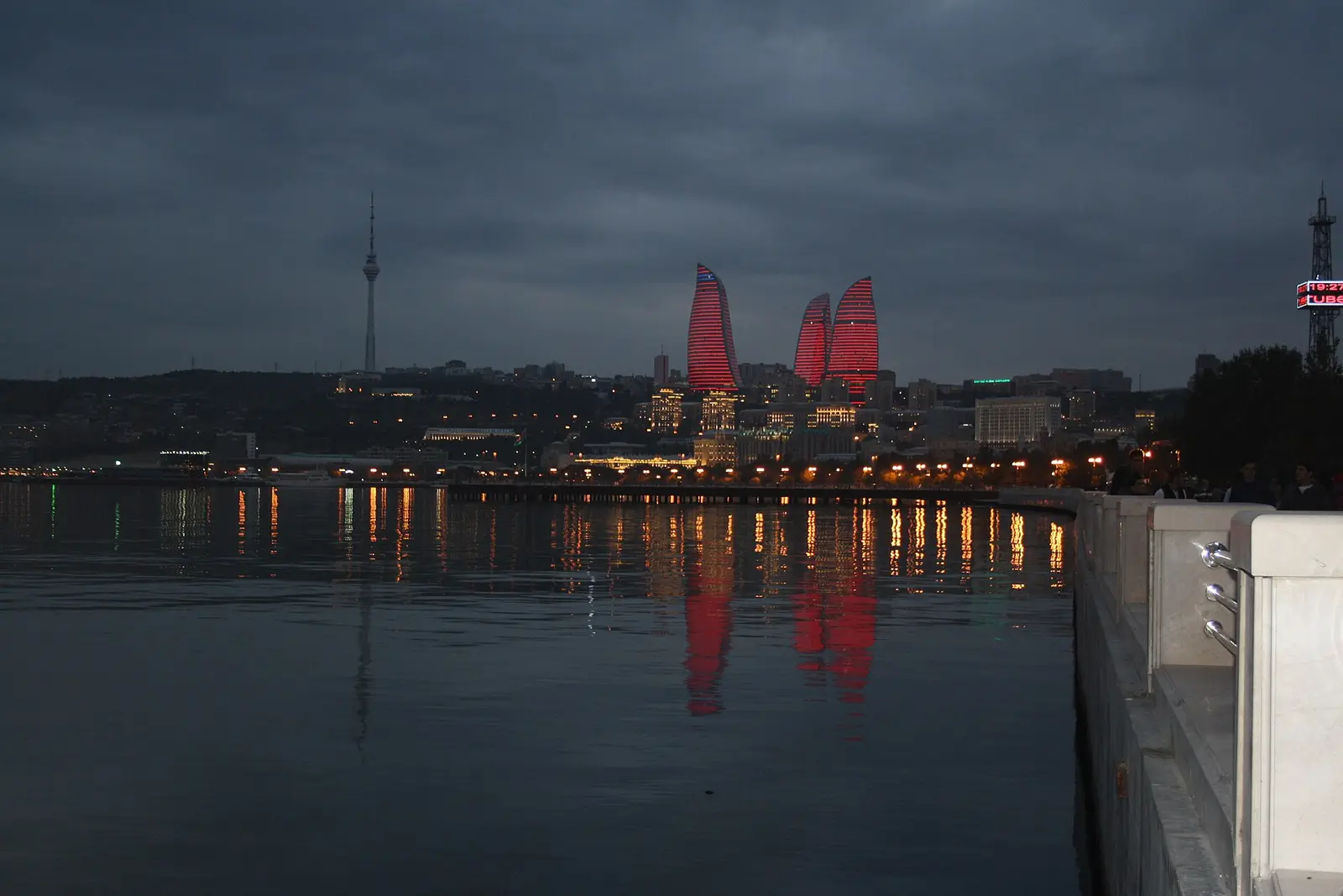 The Flame Towers seen across the water from Baku Boulevard