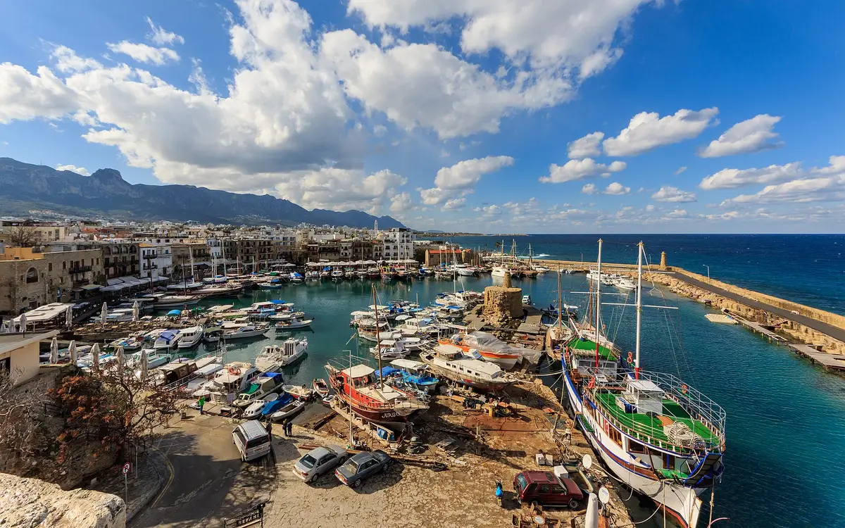 The old harbour of Kyrenia seen from the castle, with the mountains behind